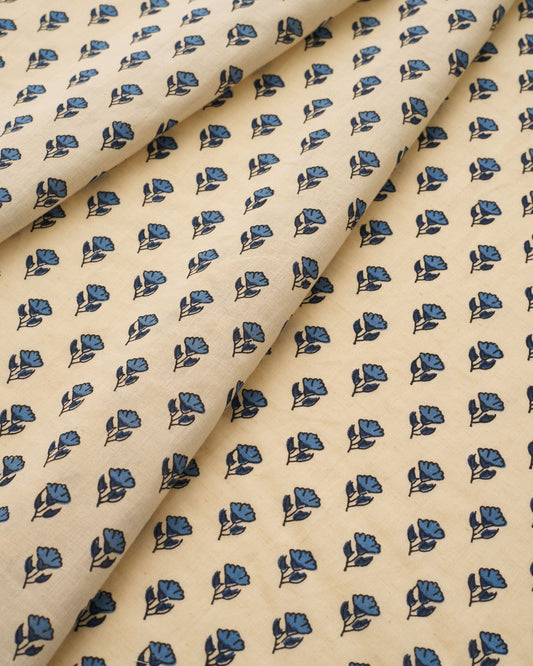 Blue and Tan Mini Bloom Block Print Cotton
