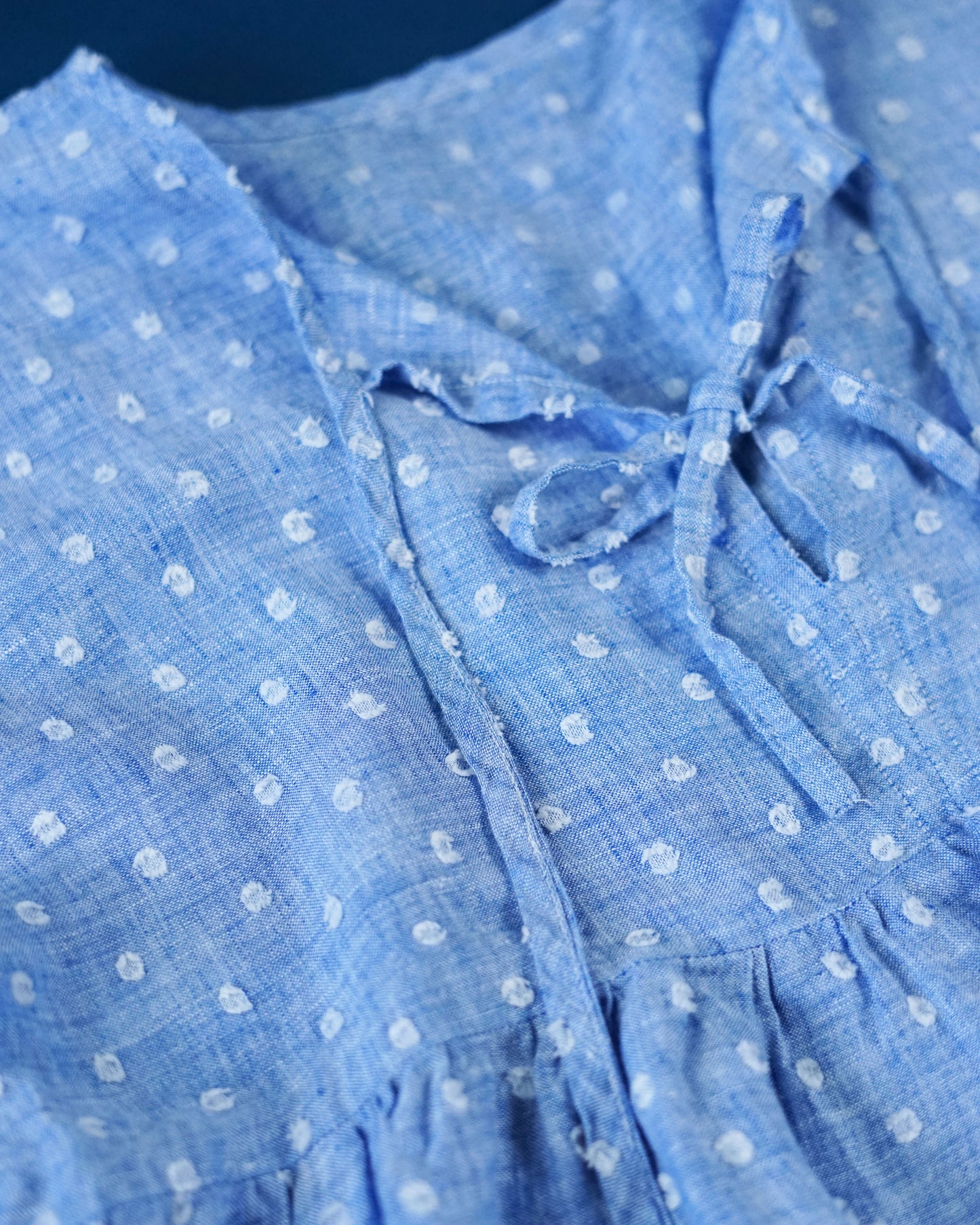 Close-up of a blue dress with white polka dots