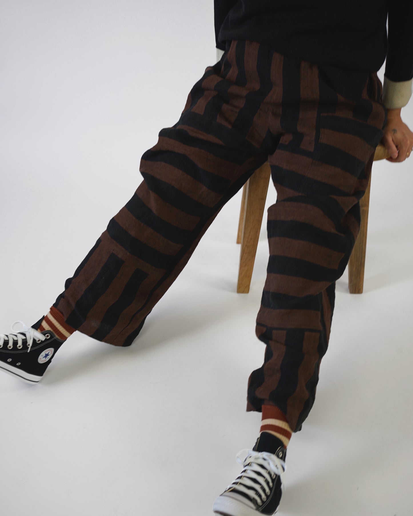 Black and Brown Club Stripe Washed Linen - 1/2 Yard Remnant
