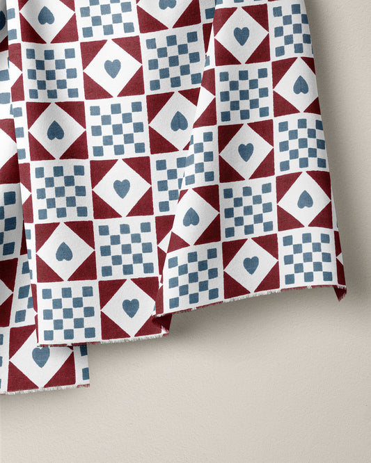 Blue and Sable Mock Quilt Cotton Linen Screen Print