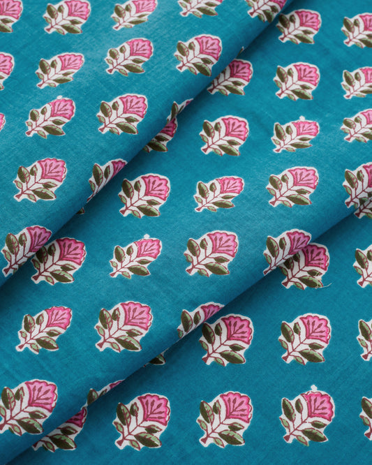 Pink and Light Blue Bloom Block Print Cotton