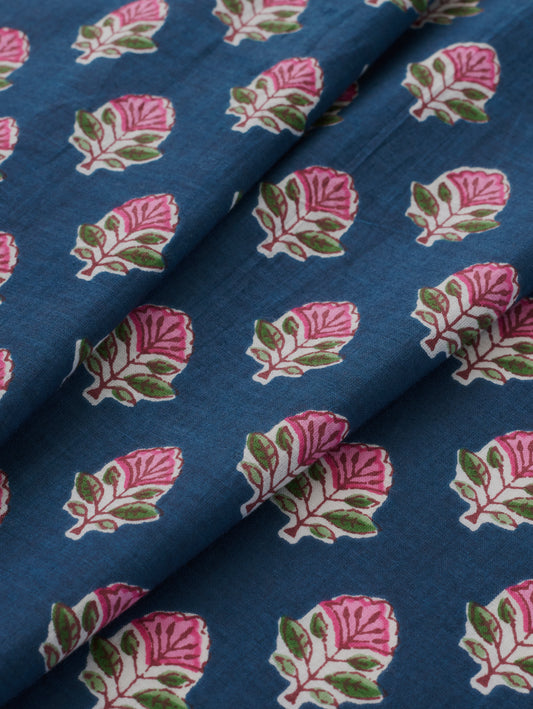 Pink and Dark Blue Bloom Block Print Cotton