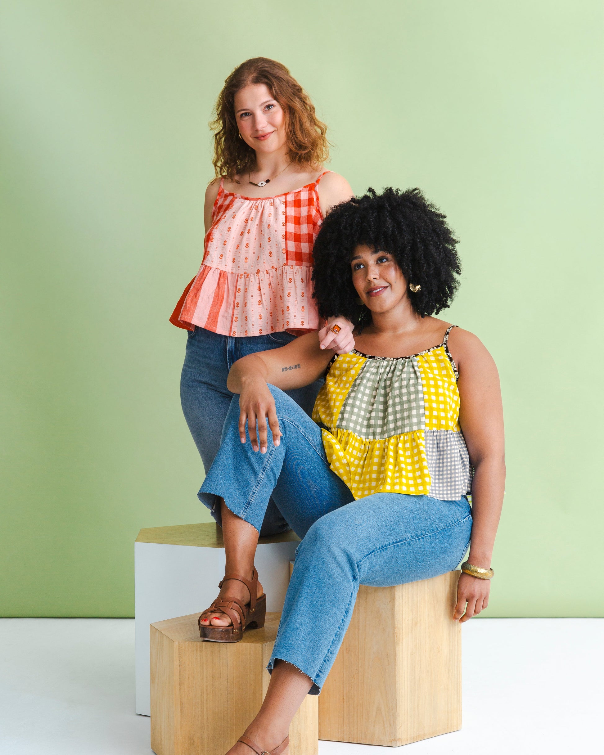 two models showing the swing tank from the Matchy Matchy Sewing Book 