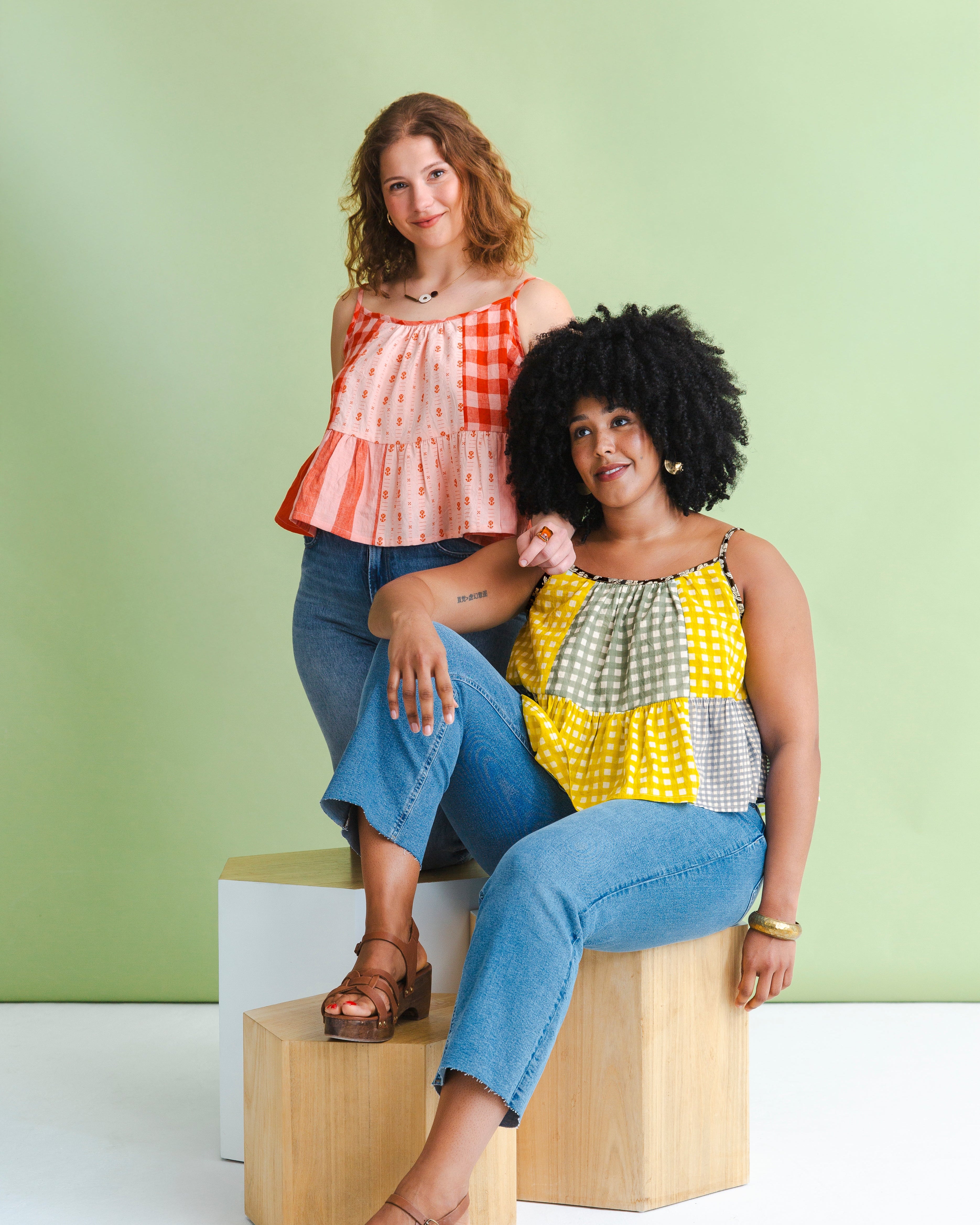 two models showing the swing tank from the Matchy Matchy Sewing Book 
