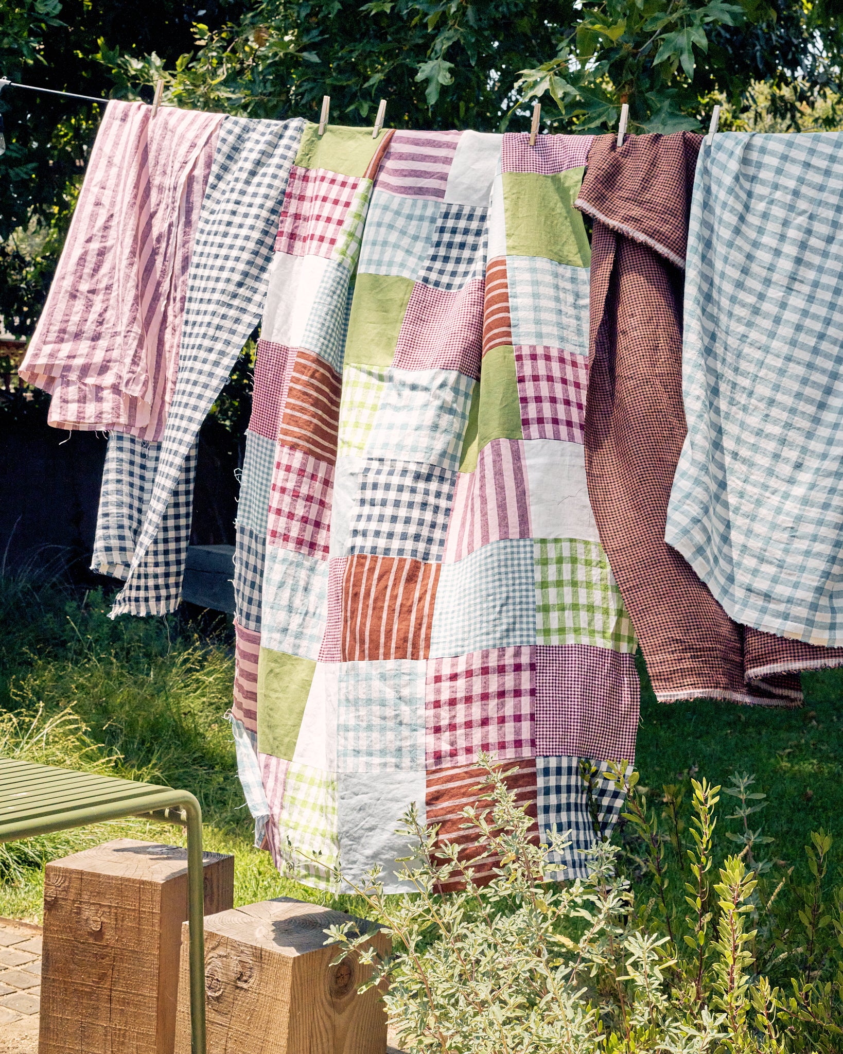 al fresco linen fabric in ginghams and stripes on a clothesline