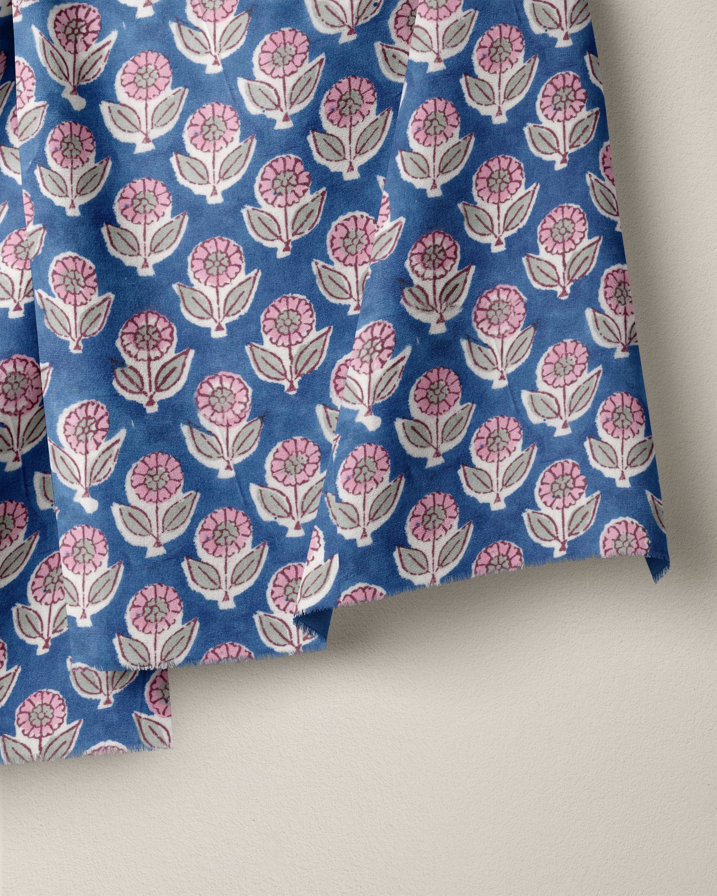Blue and Pink Bloom Block Print Cotton