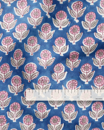 Blue and Pink Bloom Block Print Cotton