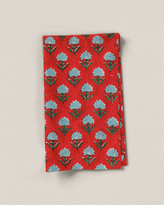 Red and Blue Bloom Block Print Cotton