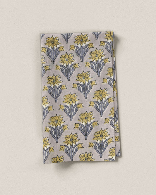 Yellow and Gray Bloom Block Print Cotton