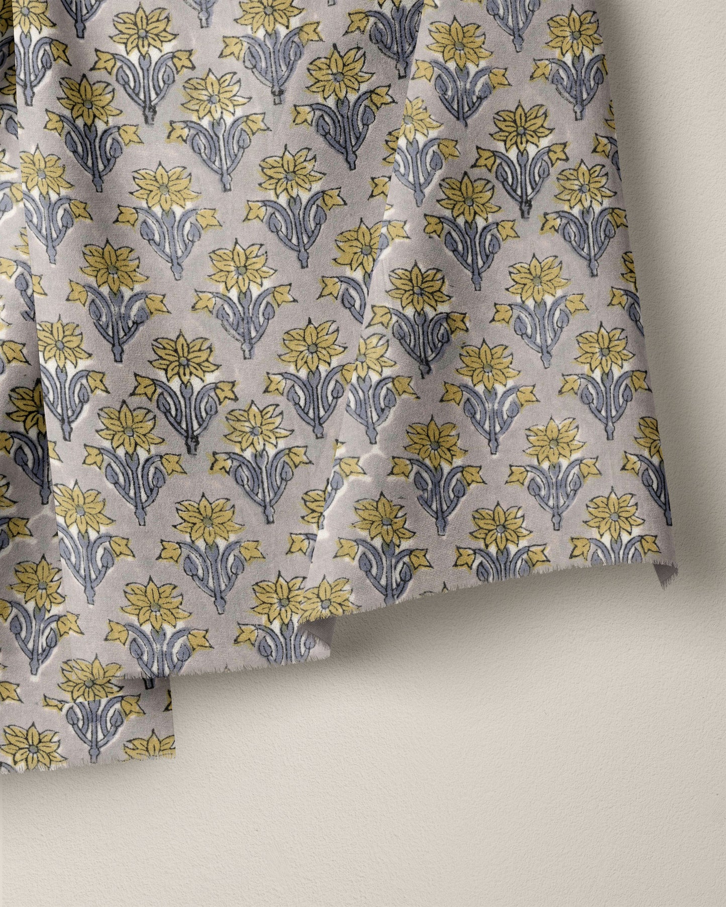 Yellow and Gray Bloom Block Print Cotton