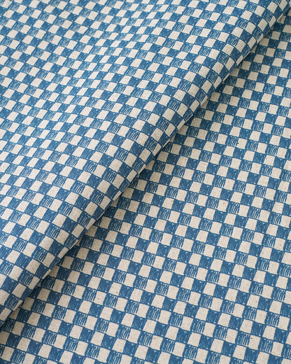 Blue Sketchy Check Custom Printed Linen Cotton Flax