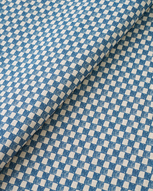 Blue Sketchy Check Custom Printed Linen Cotton Flax