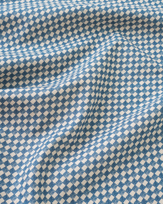 Blue Sketchy Check Custom Printed Linen Cotton Flax