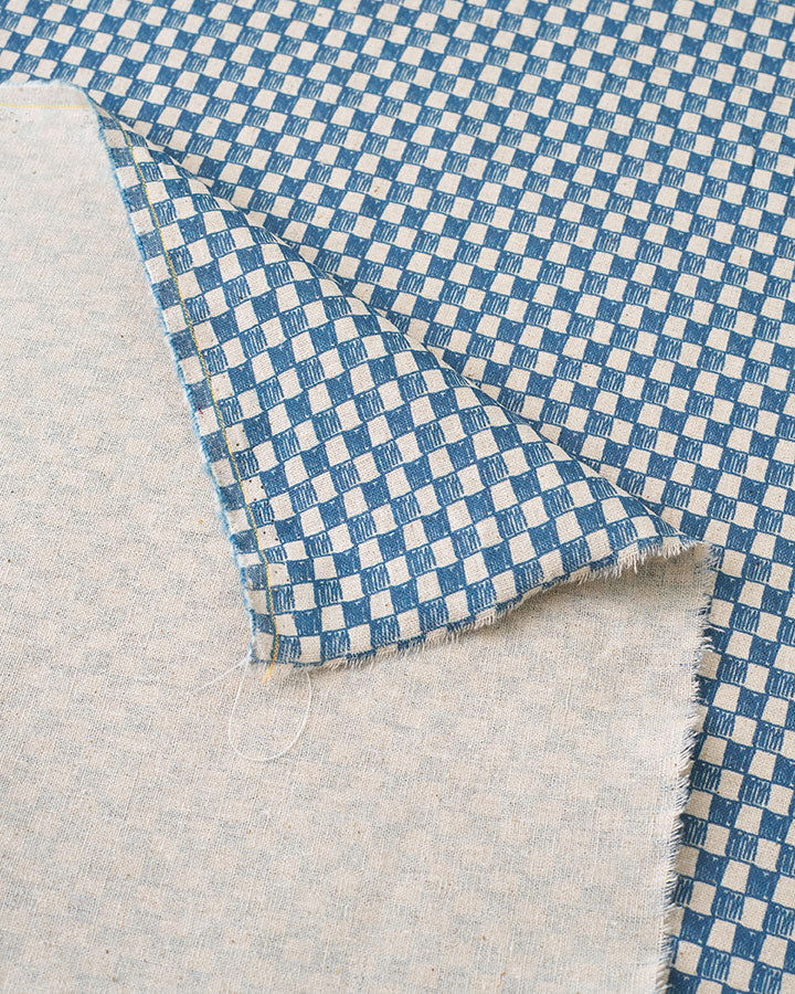Blue Sketchy Check Custom Printed Linen Cotton Flax