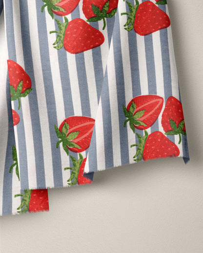 Blue Strawberries Block Print Cotton