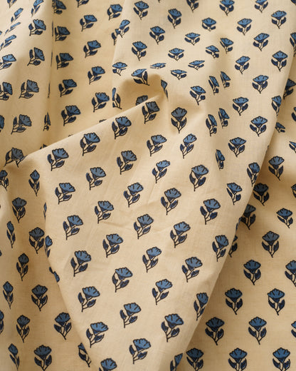 Blue and Tan Mini Bloom Block Print Cotton
