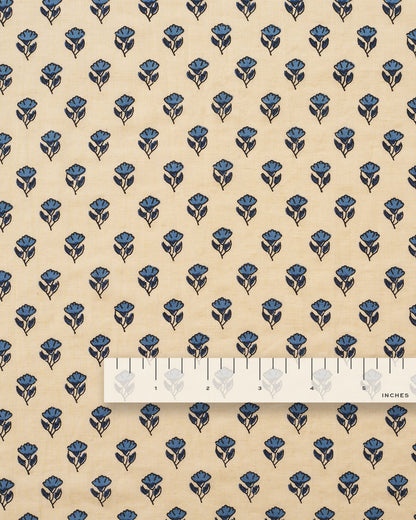 Blue and Tan Mini Bloom Block Print Cotton