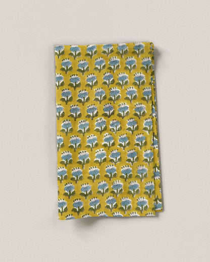 Blue and Mustard Bloom Block Print Cotton