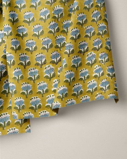 Blue and Mustard Bloom Block Print Cotton