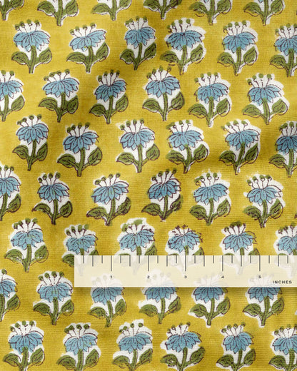 Blue and Mustard Bloom Block Print Cotton