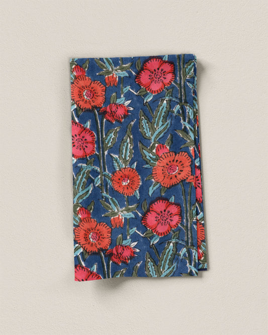 Blue Poppies Block Print Cotton