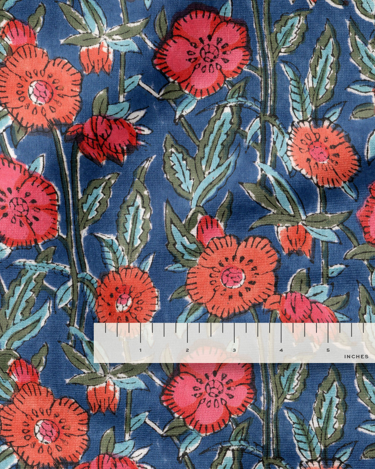 Blue Poppies Block Print Cotton