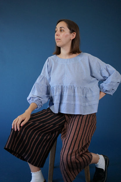 Light Blue Wide Stripe Leno Weave Cotton Shirting