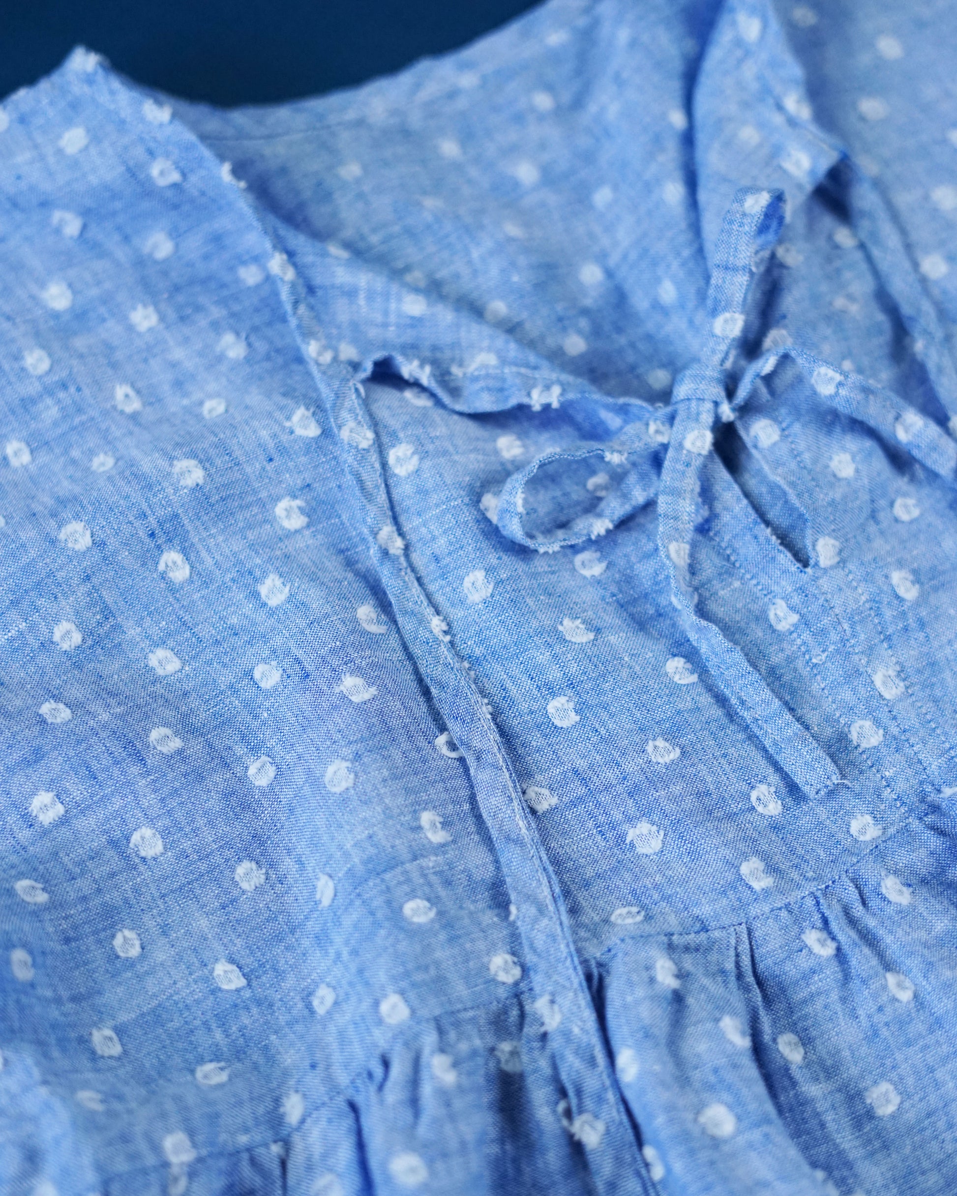 Close-up of a blue dress with white polka dots