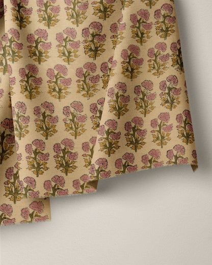 Rose and Tan Bloom Block Print Cotton