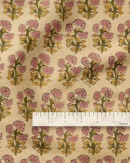 Rose and Tan Bloom Block Print Cotton