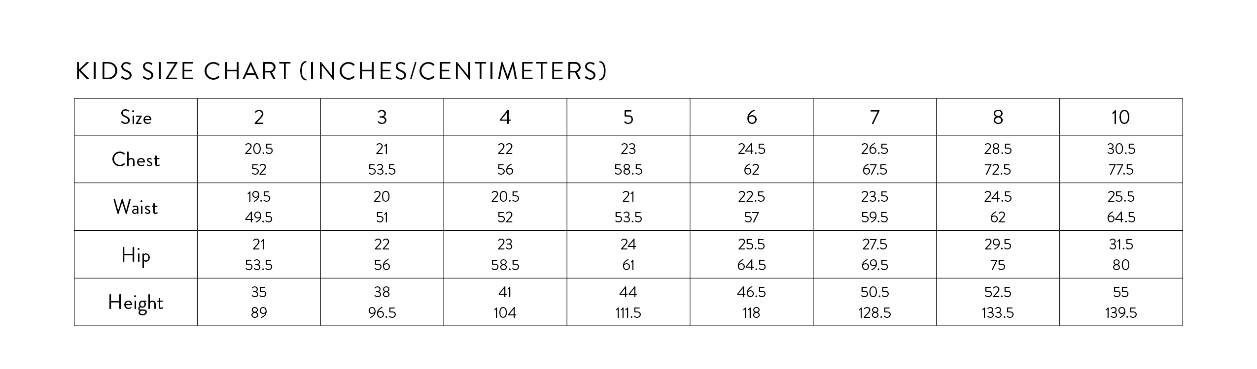 Size Chart – Matchy Matchy Sewing Club