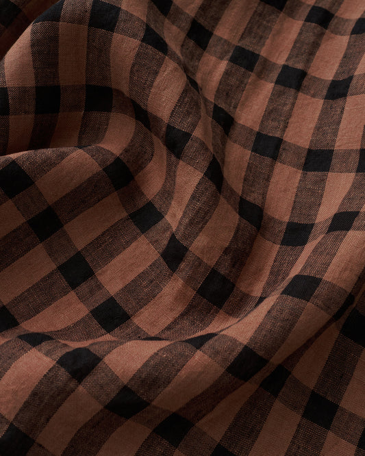 Brown and black checkered linen fabric