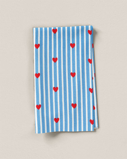Blue Stripe Red Heart Block Print Cotton