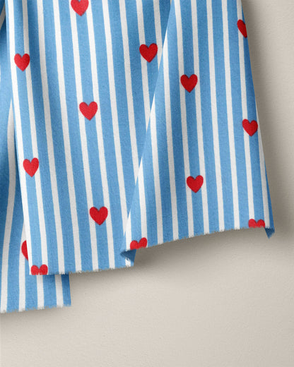 Blue Stripe Red Heart Block Print Cotton