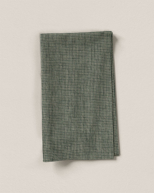 Dark Green Tiny Gingham Stonewashed Linen