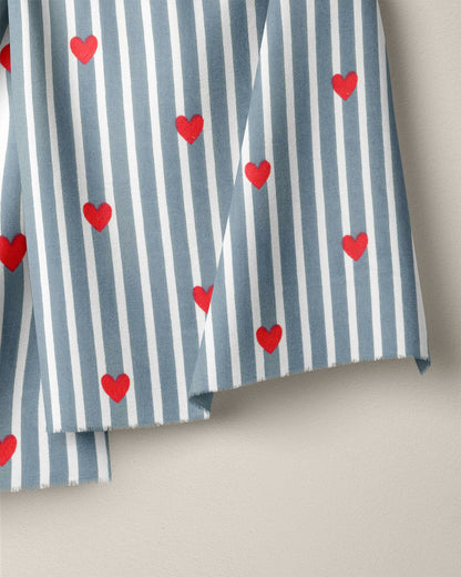Denim Stripe Red Heart Block Print Cotton