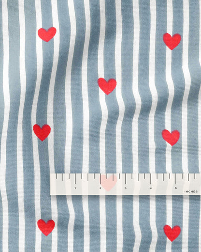 Denim Stripe Red Heart Block Print Cotton
