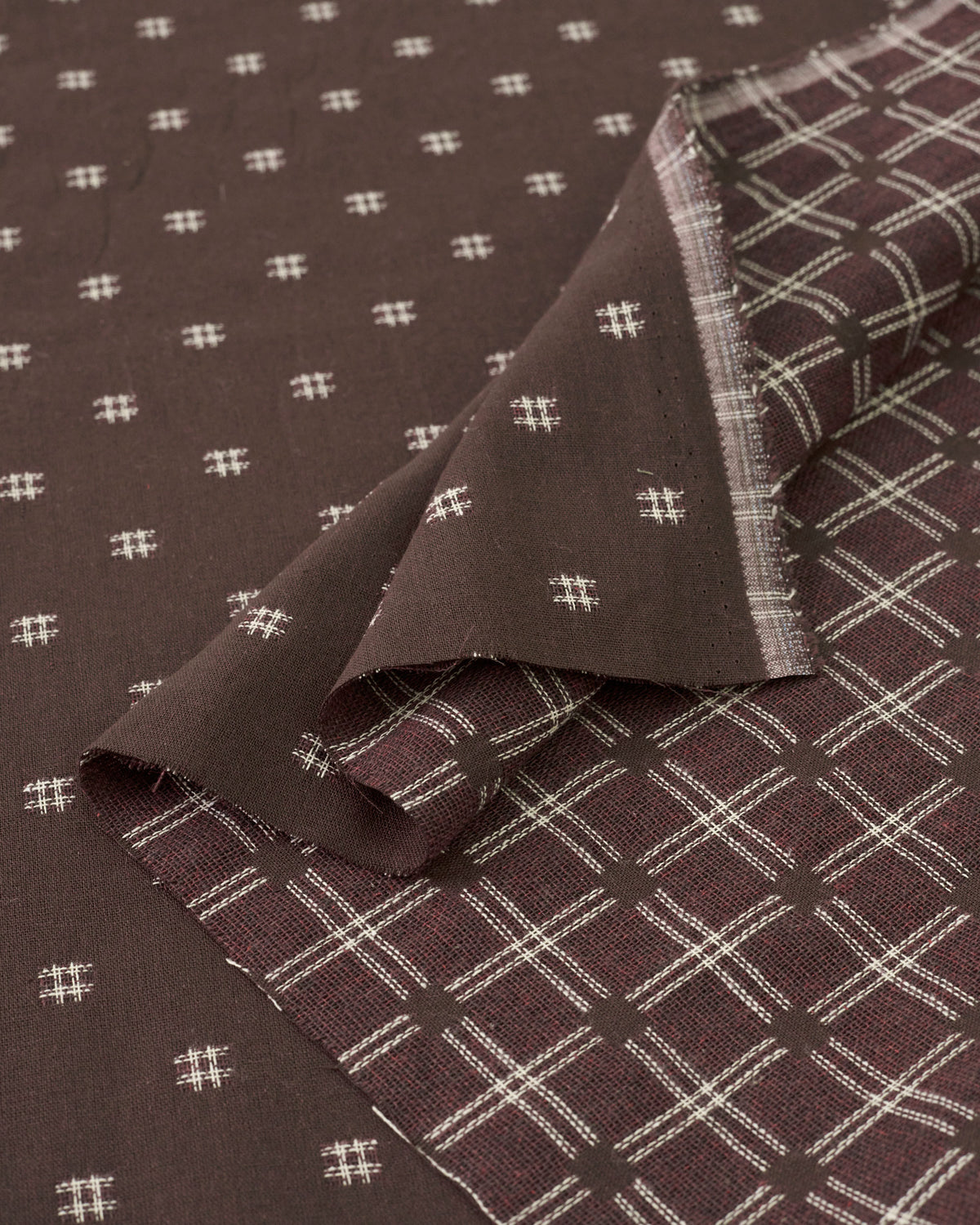 Espresso Cream Hashtag Check Woven Linen Cotton