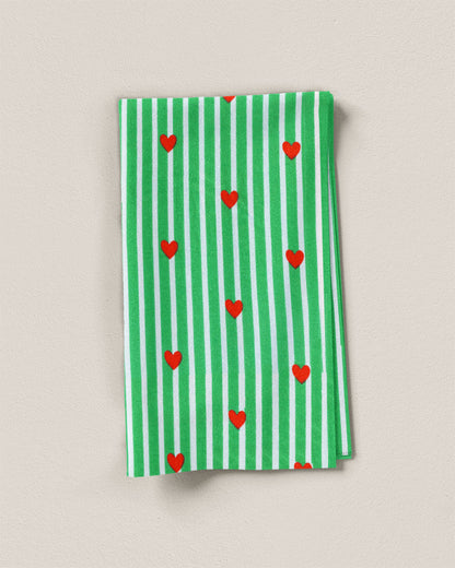Green Stripe Red Heart Block Print Cotton