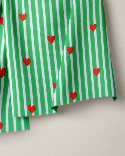 Green Stripe Red Heart Block Print Cotton