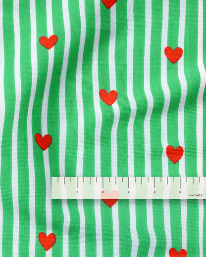 Green Stripe Red Heart Block Print Cotton