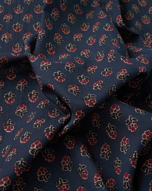 Navy and Red Mini Bloom Block Print Cotton