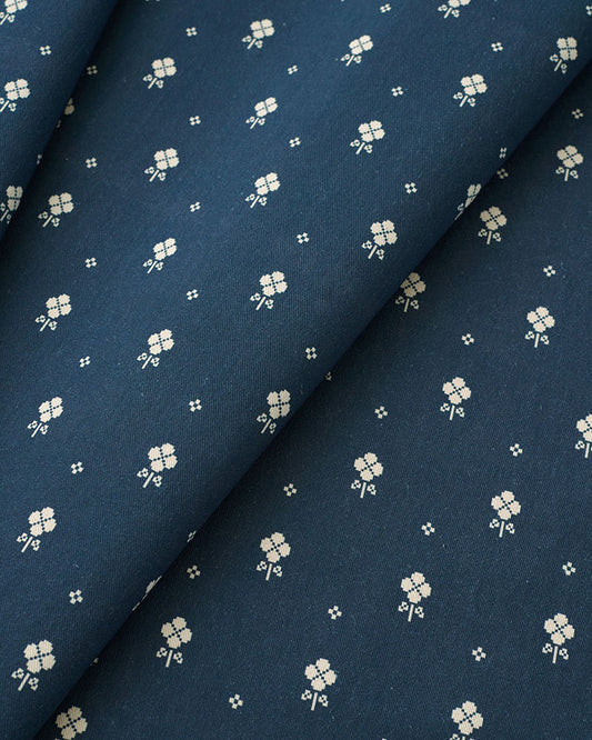 Navy Pixel Flower Printed Cotton Twill