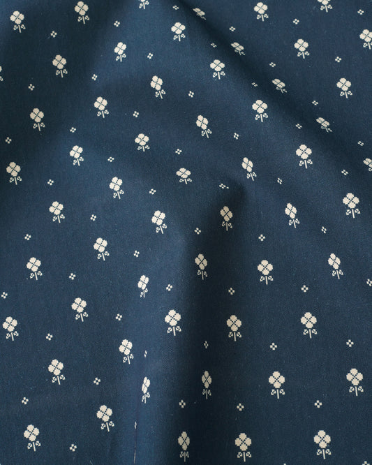 Navy Pixel Flower Printed Cotton Twill