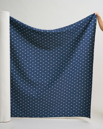 Navy Pixel Flower Printed Cotton Twill