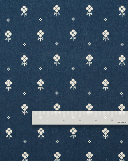 Navy Pixel Flower Printed Cotton Twill