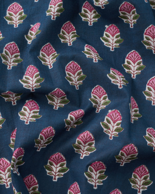 Pink and Dark Blue Bloom Block Print Cotton