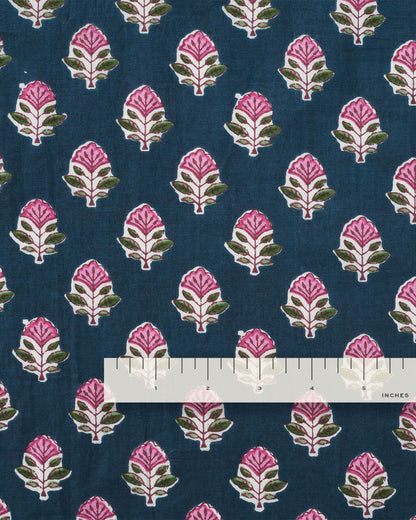Pink and Dark Blue Bloom Block Print Cotton