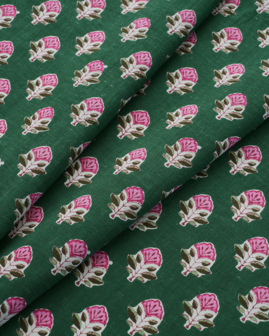 Pink and Green Bloom Block Print Cotton