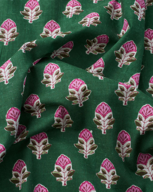 Pink and Green Bloom Block Print Cotton